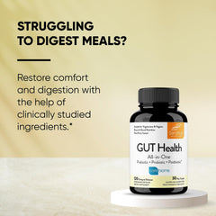 Sandhu's Gut Health capsules in hand illustrate portability.