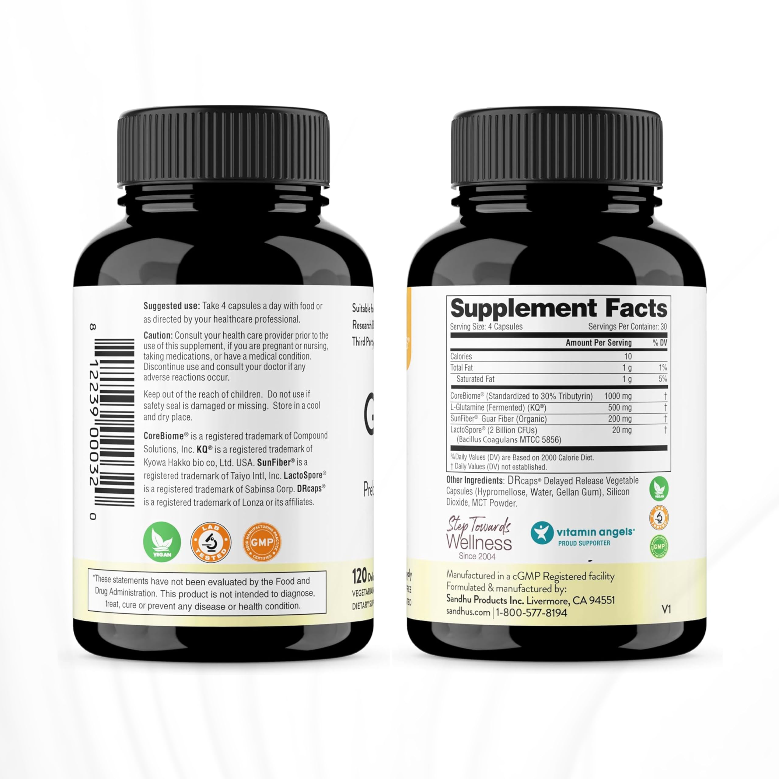 Sandhu's Gut Health delayed-release capsules designed to reach the colon.