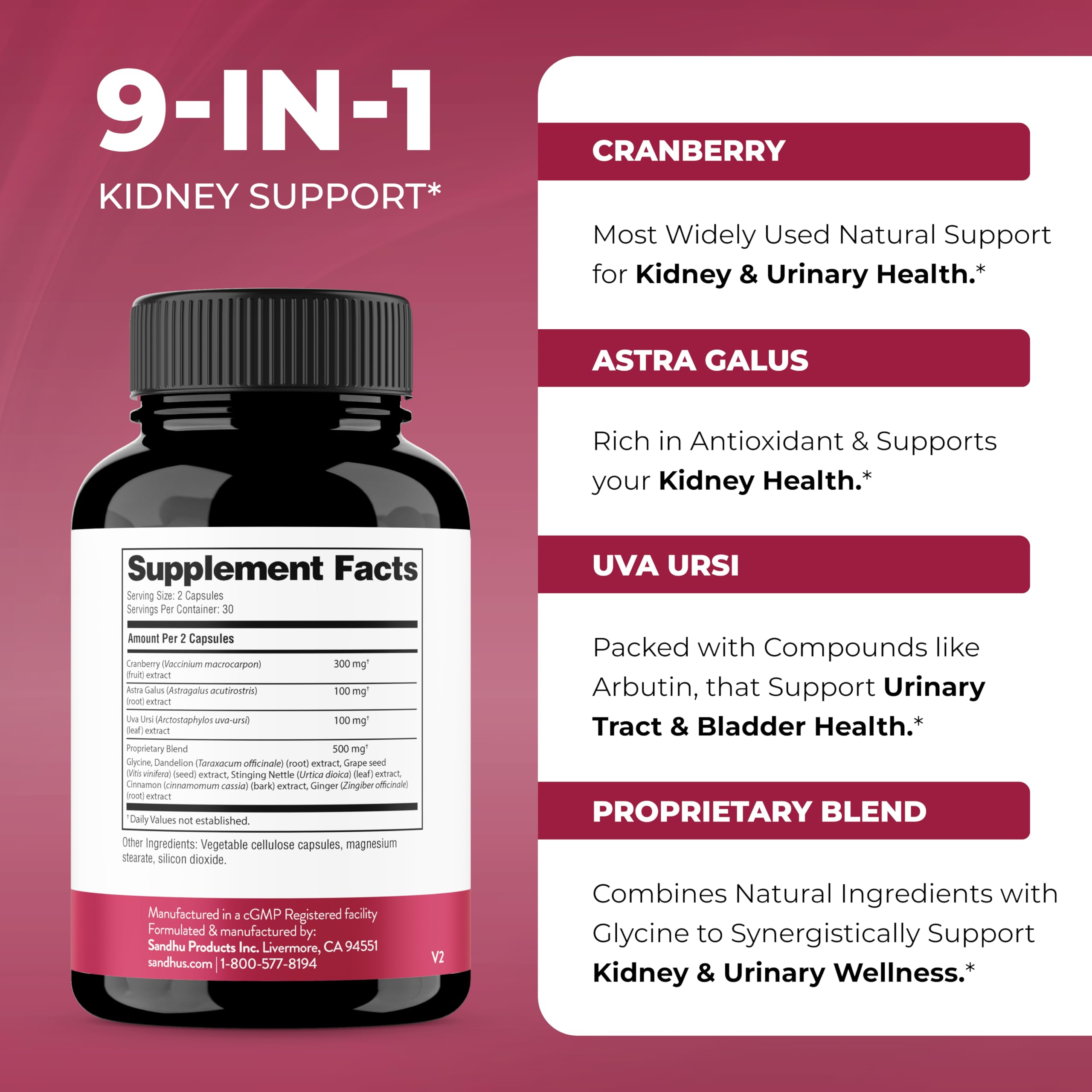 Close-up of Sandhu's Kidney Cleanse label showing ingredients and serving size.