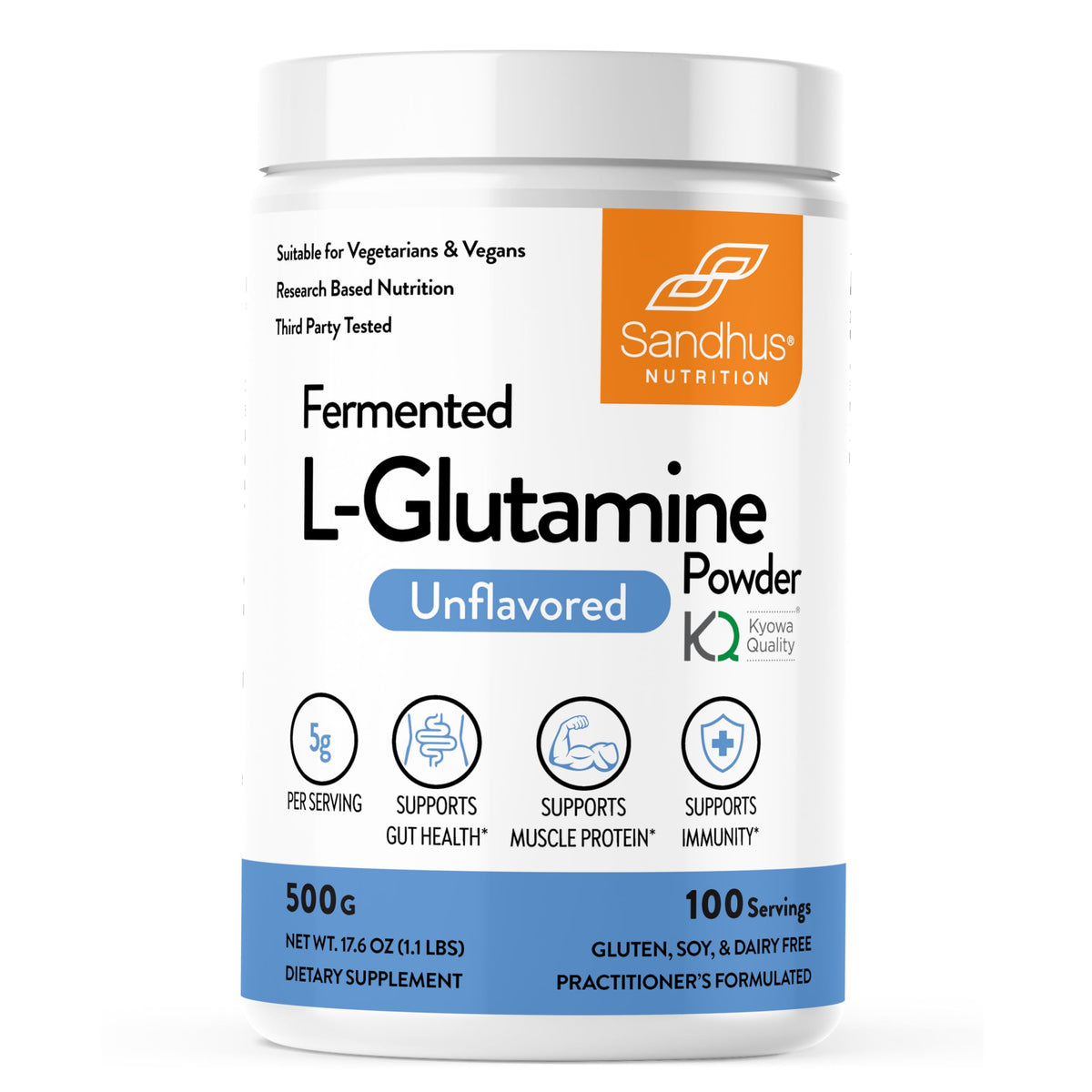 Sandhu's L-Glutamine powder bottle on a counter for daily gut health