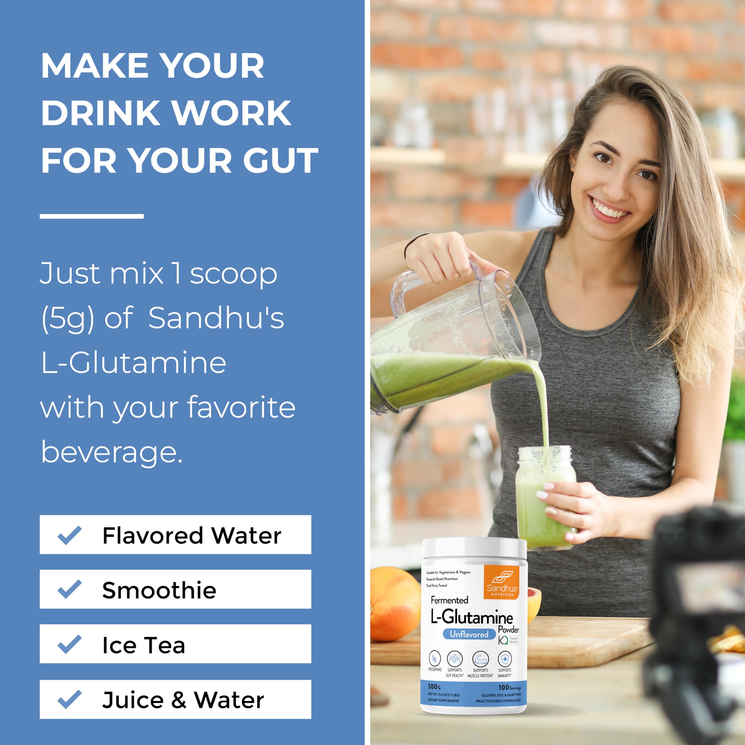 Sandhu's L-Glutamine label close-up with non-GMO and USA-made credentials