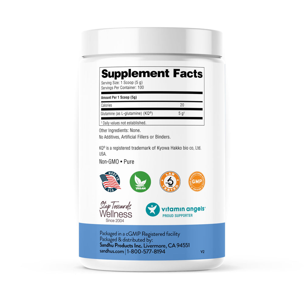 Sandhu's L-Glutamine powder scoop beside bottle for easy dosing