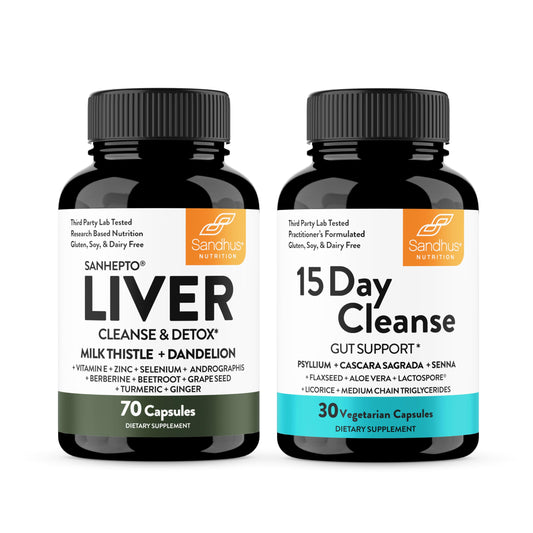 Sandhu's Liver Detox bottle showing the herbal capsules for detox support.