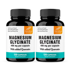 Sandhu's Magnesium Glycinate 400mg bottle on a nightstand for bedtime routine.