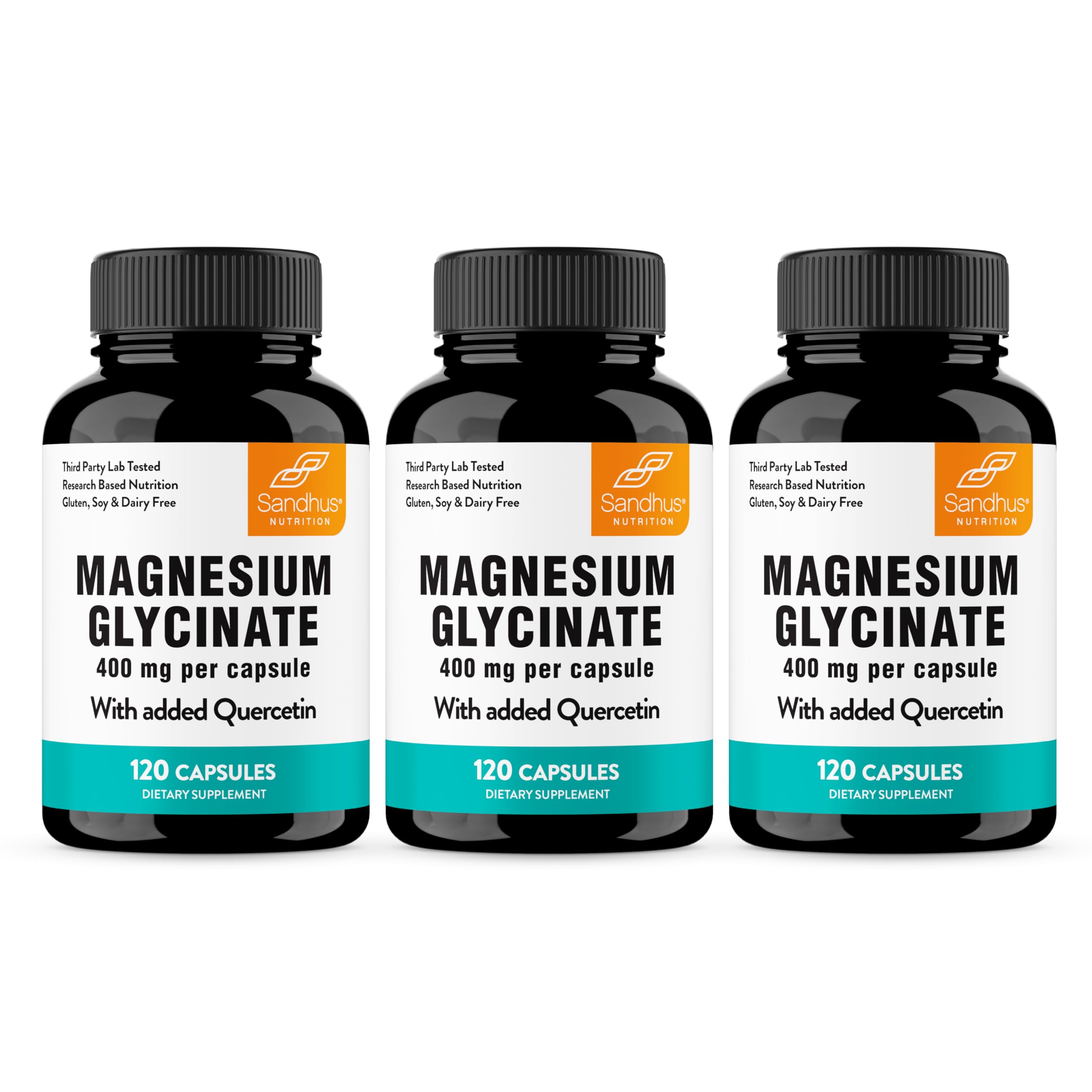 Sandhu's Magnesium Glycinate 400mg bottle with capsules for evening relaxation.