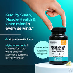 Close-up of Sandhu's magnesium glycinate capsules showing easy to swallow form.