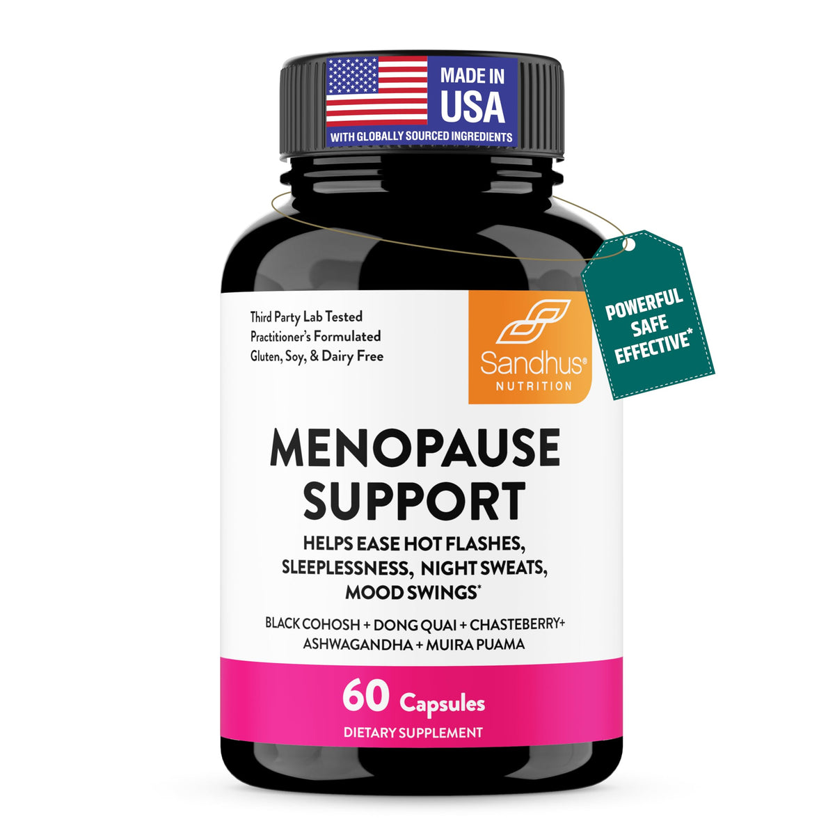 Sandhu's menopause support bottle showing herbal blend for daily comfort.