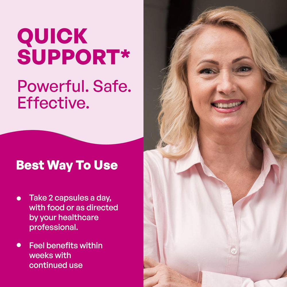 Sandhu's menopause support box front emphasizing USA manufacturing and quality.