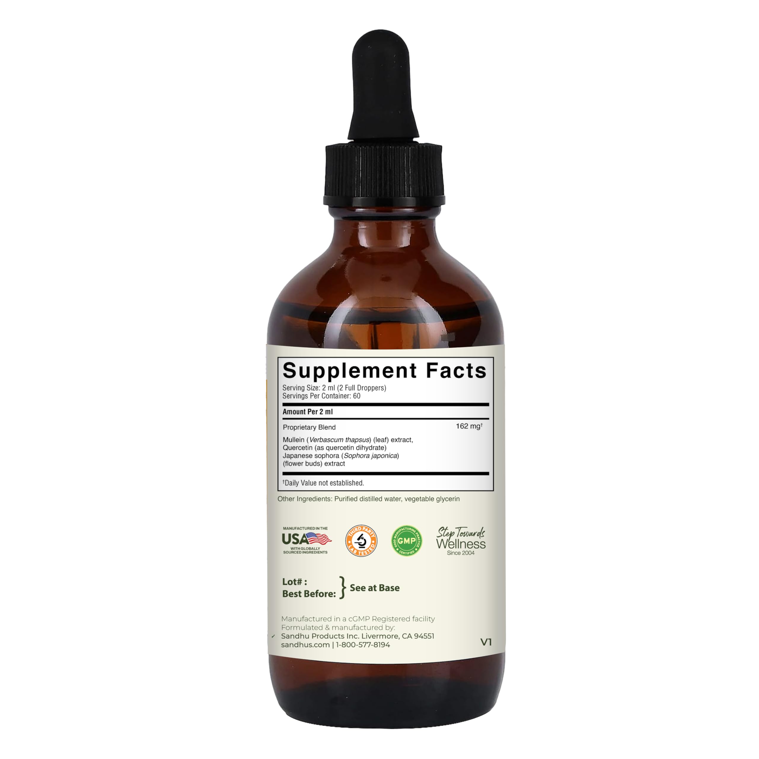 Sandhu's Mullein Drops bottle with alcohol-free label