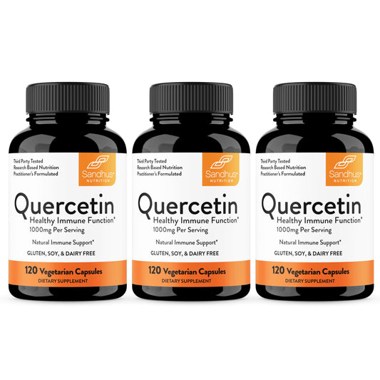Sandhu's Quercetin bottle showing 500 mg capsules for daily immune support.