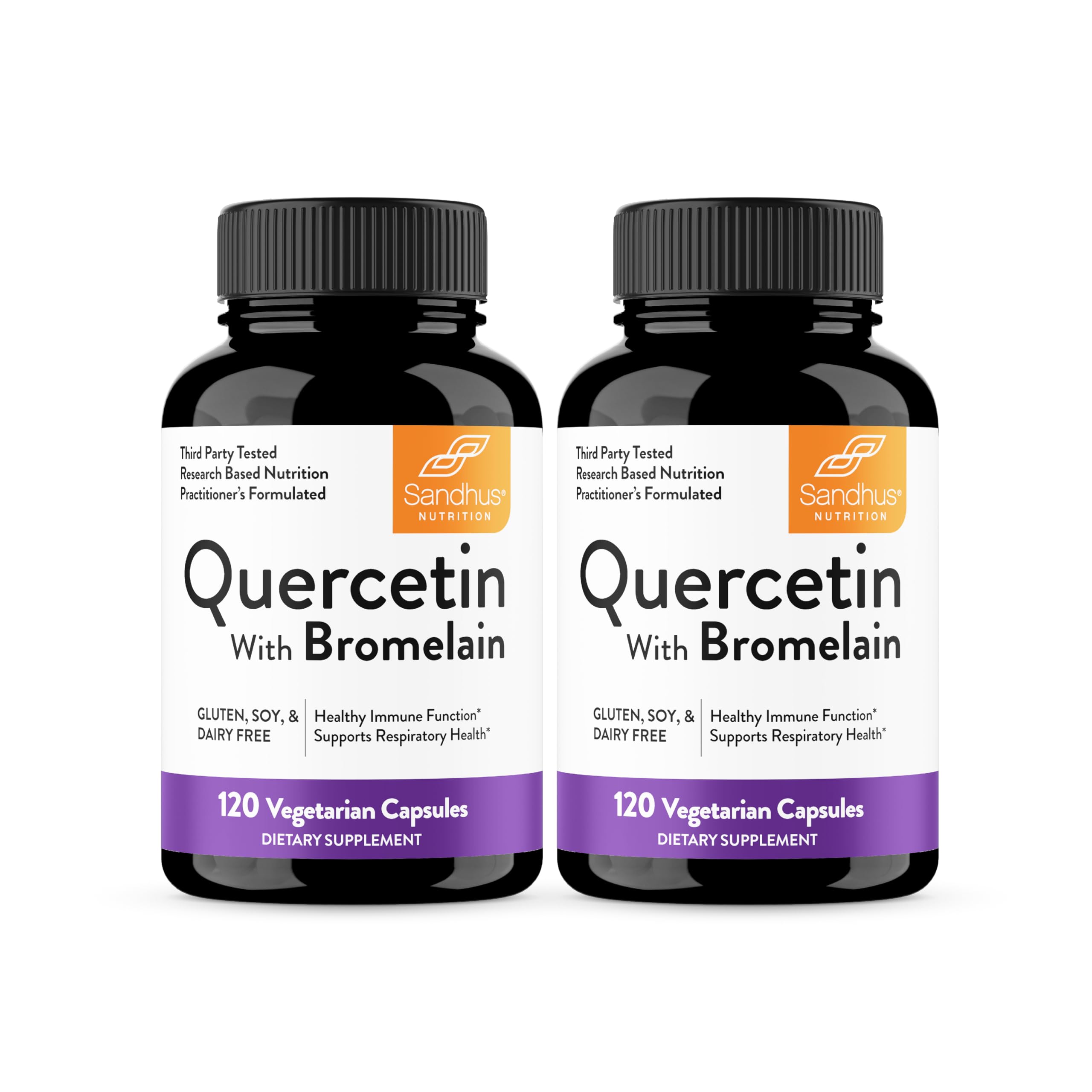 Sandhu's Quercetin with Bromelain bottle front showing packaging and immune support potential