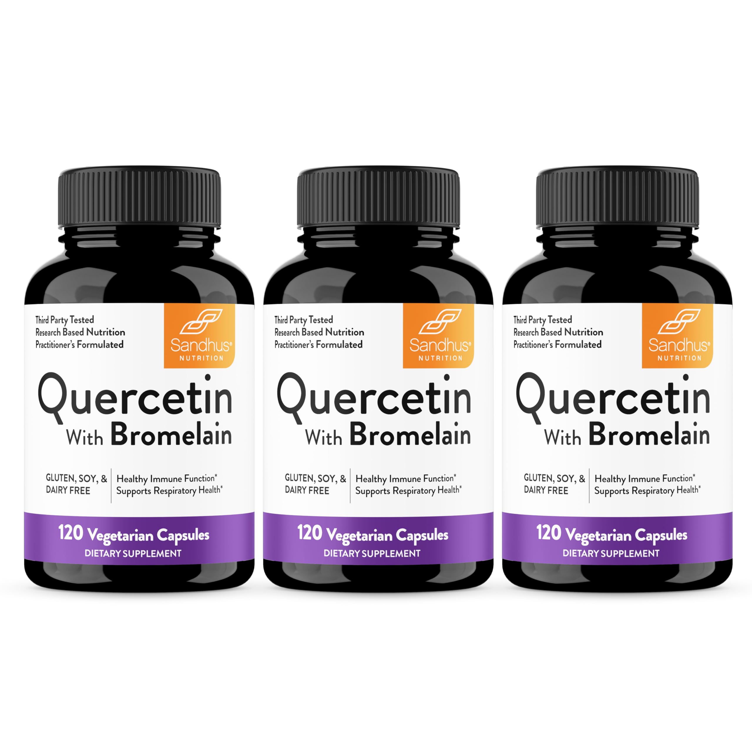Sandhu's Quercetin with Bromelain bottle highlights immune-support formula for daily wellness