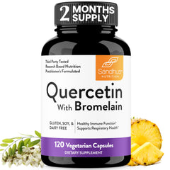 Sandhu's Quercetin with Bromelain bottle emphasizes immune support.