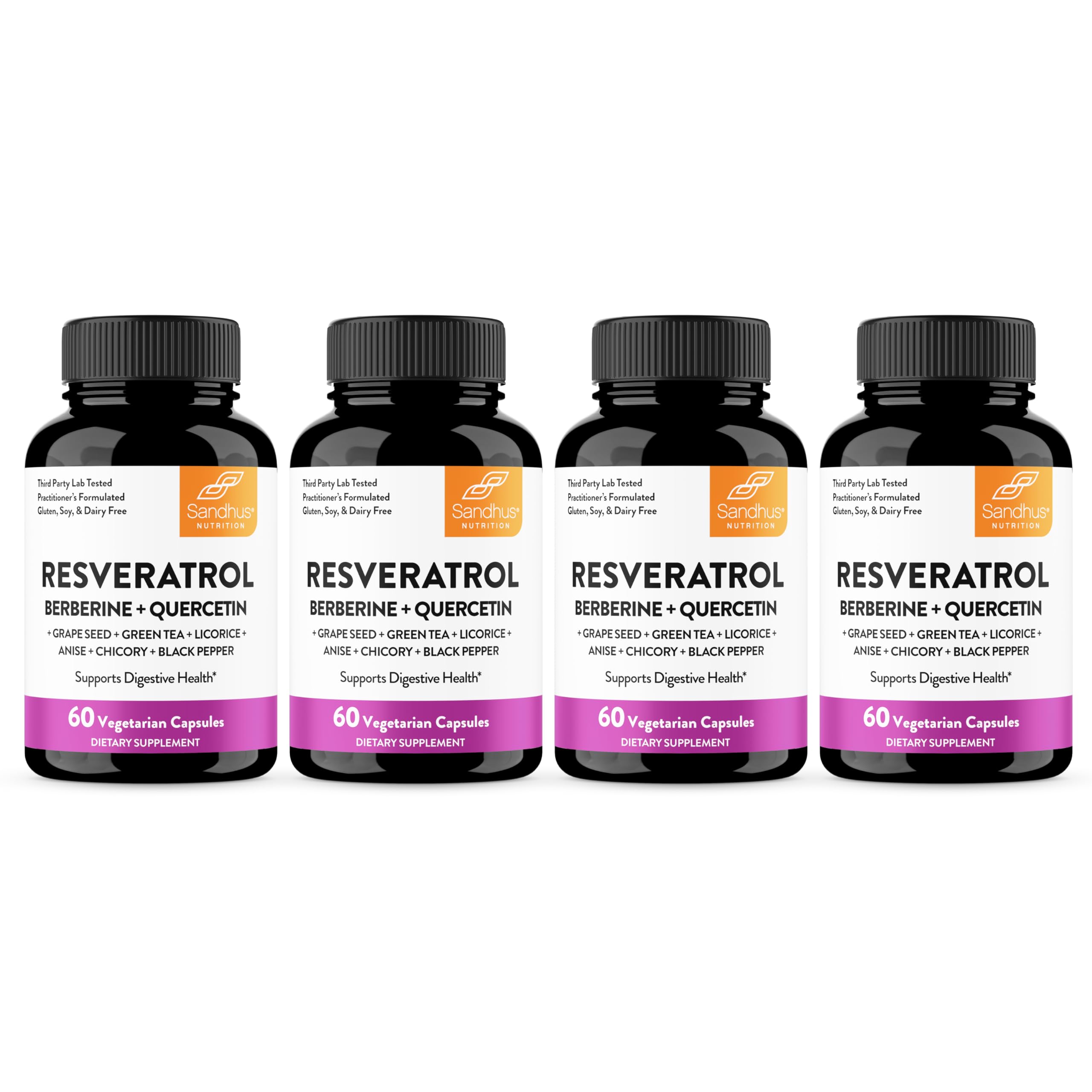 Sandhu's Resveratrol-Berberine bottle showcases a gut health formula for daily support.