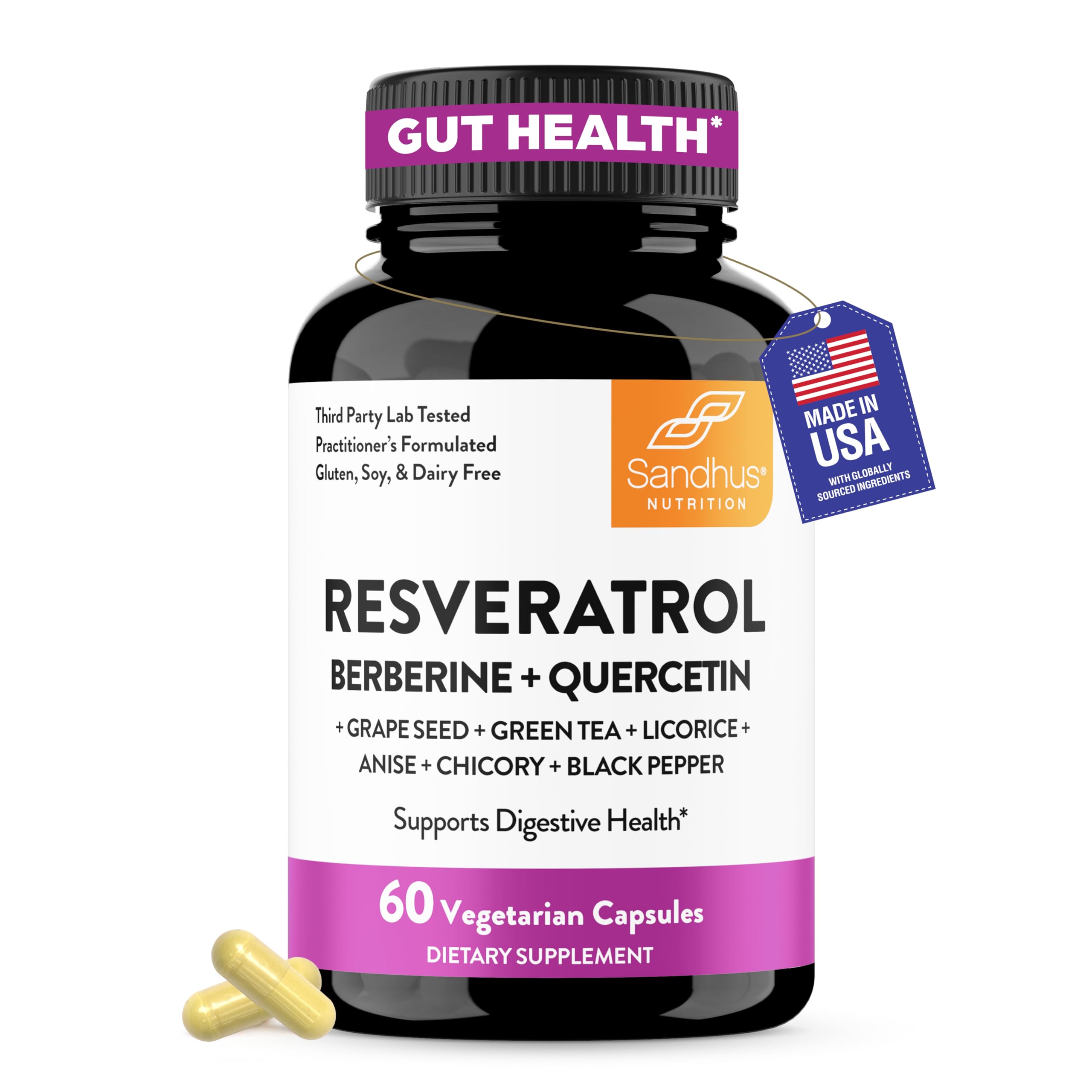 Sandhu's Resveratrol-Berberine bottle shows convenient gut support for daily wellness