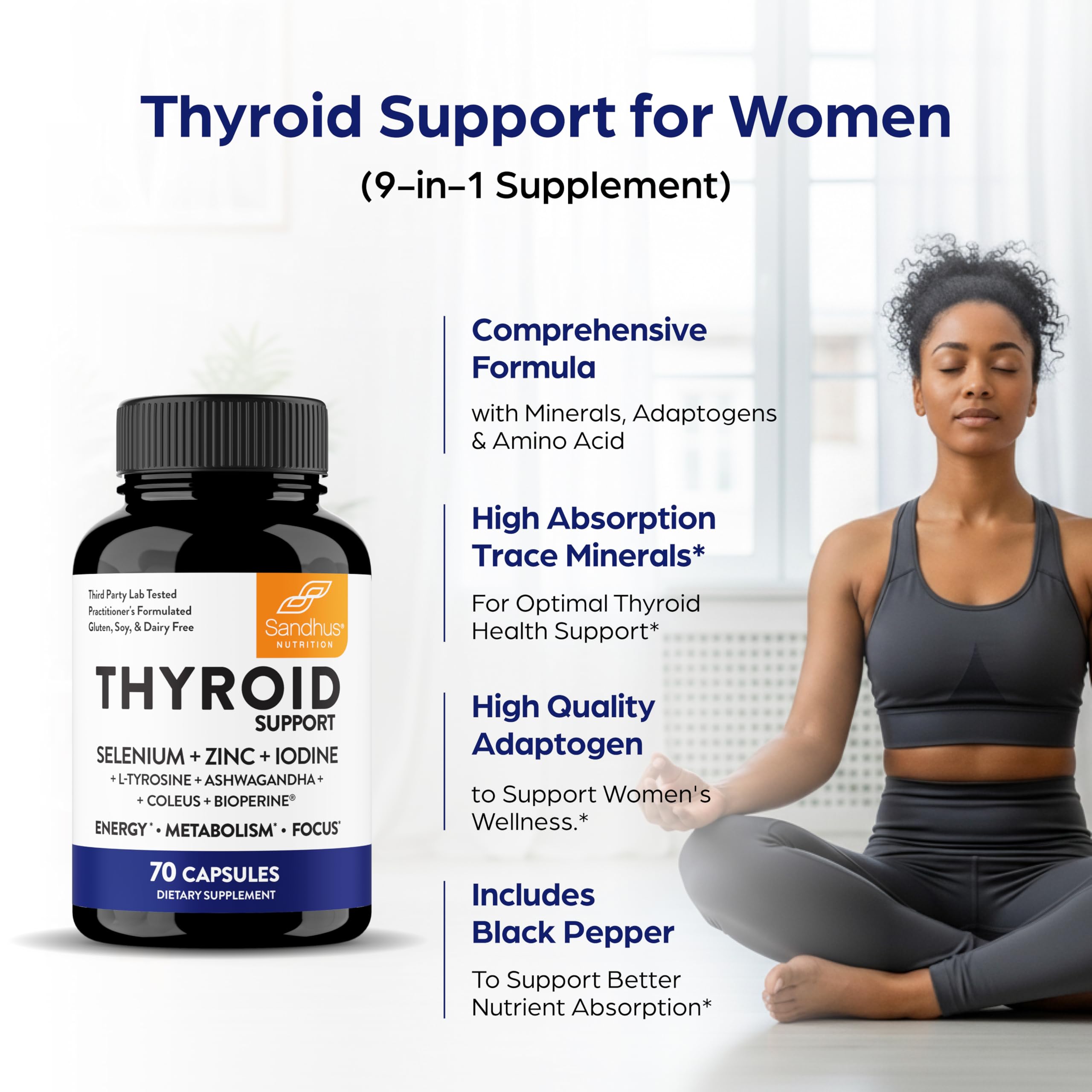 Packaging and quality icons on Sandhu's Thyroid Support box.