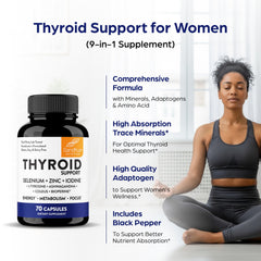 Packaging and quality icons on Sandhu's Thyroid Support box.