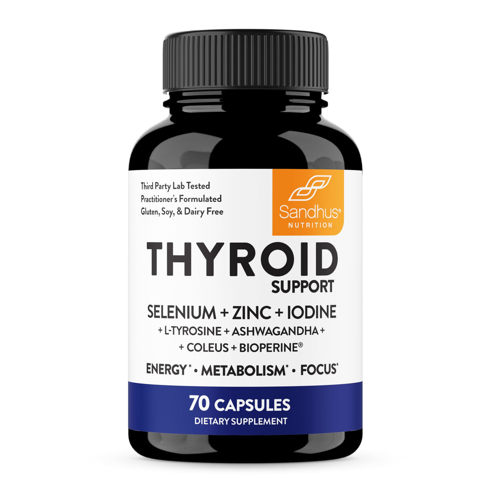 Sandhu's Thyroid Support bottle on a kitchen counter for everyday wellness.