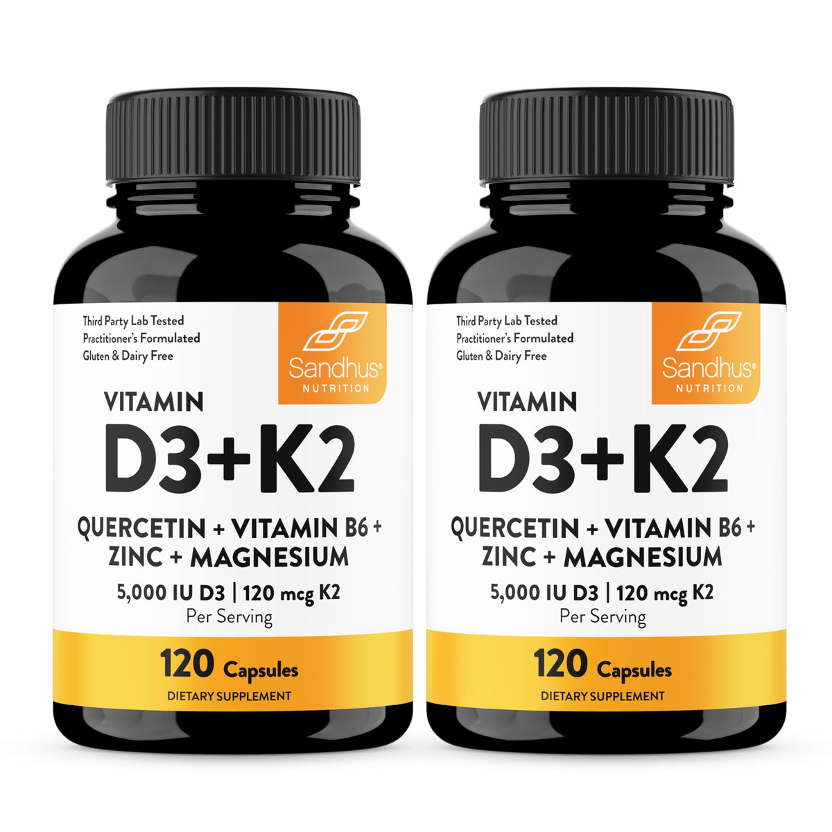 Sandhu's D3 K2 Magnesium bottle front supports calcium absorption.