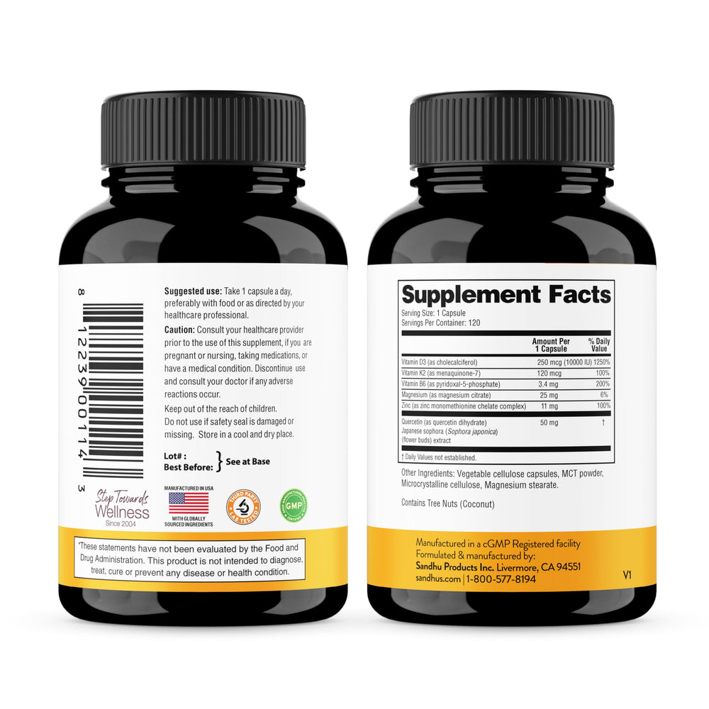 Box packaging for Sandhu's Vitamin D3 K2 Magnesium three-pack.