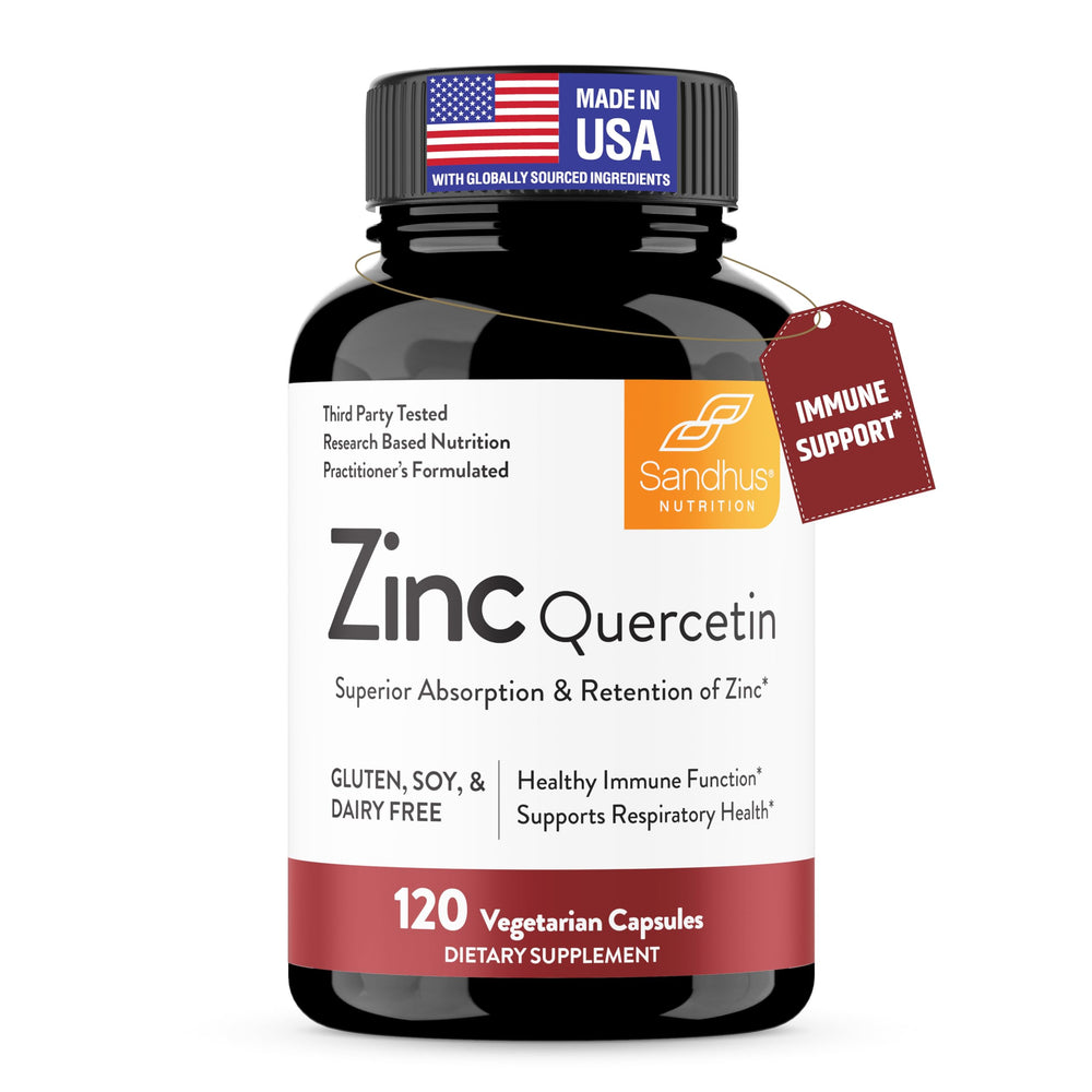 Sandhu's Zinc Quercetin bottle with easy-to-swallow capsules for immune support.
