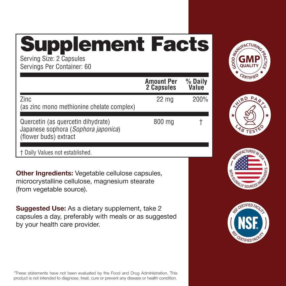 Sandhu's Zinc Quercetin capsules are gluten-free, soy-free, and dairy-free.