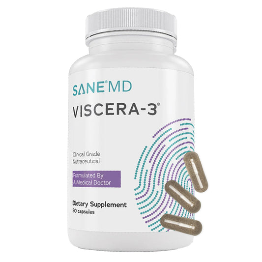 SANE Viscera-3 bottle front signaling triple postbiotic support for gut health