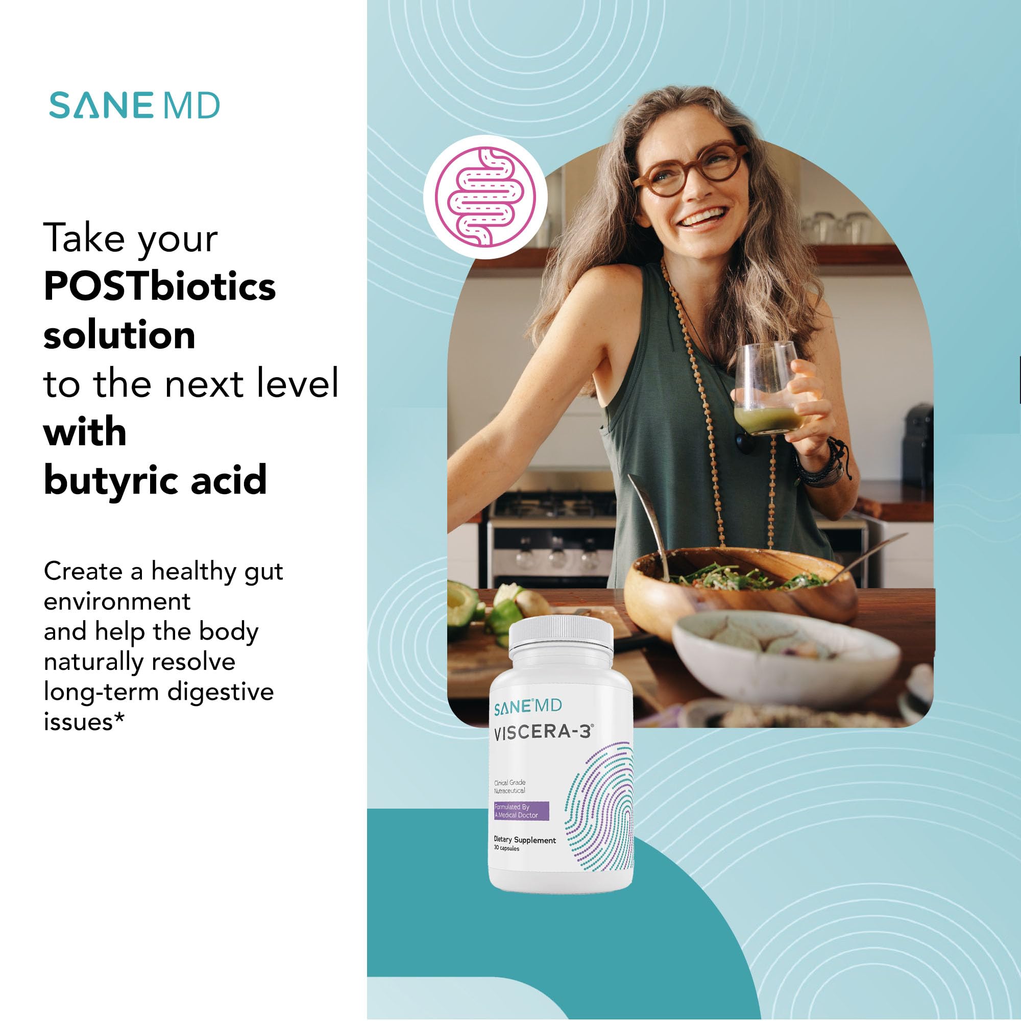 SANE Viscera-3 capsules shown as postbiotics for digestive balance