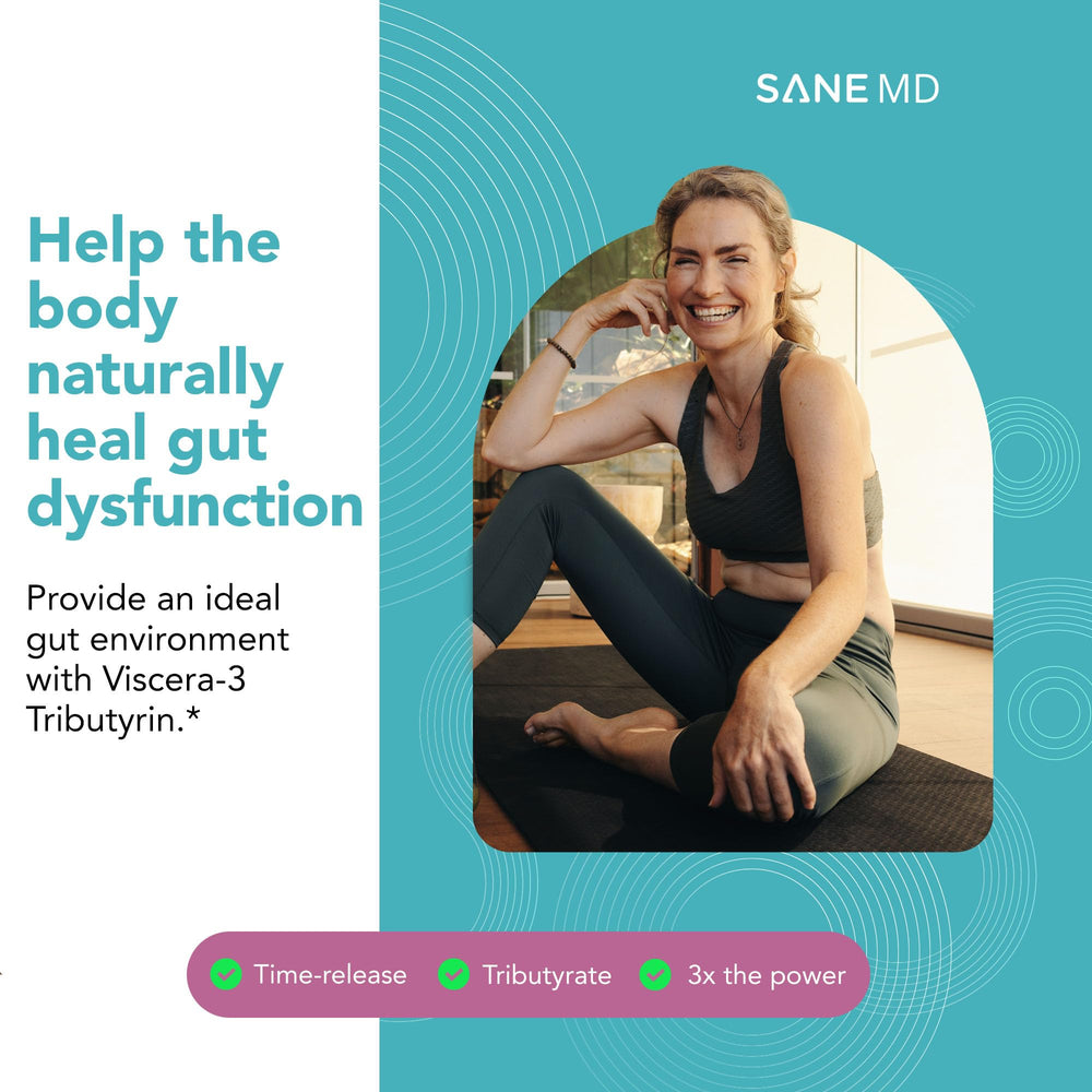 SANE Viscera-3 gut health visual conveying lower colon postbiotic delivery