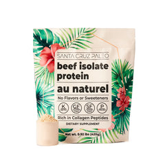 Santa Cruz Paleo Beef Isolate bottle with scoop, ideal for protein shakes