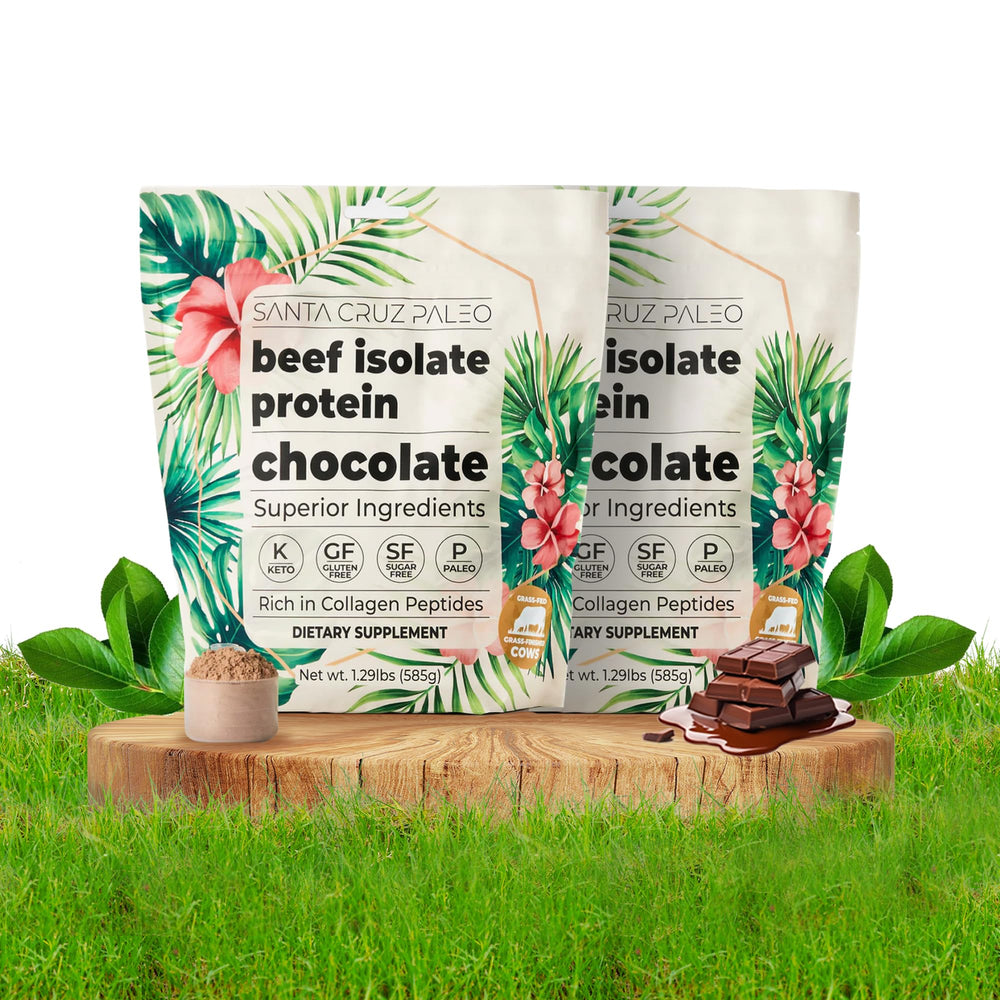 Santa Cruz Paleo Beef Isolate Chocolate poured into a glass smoothie