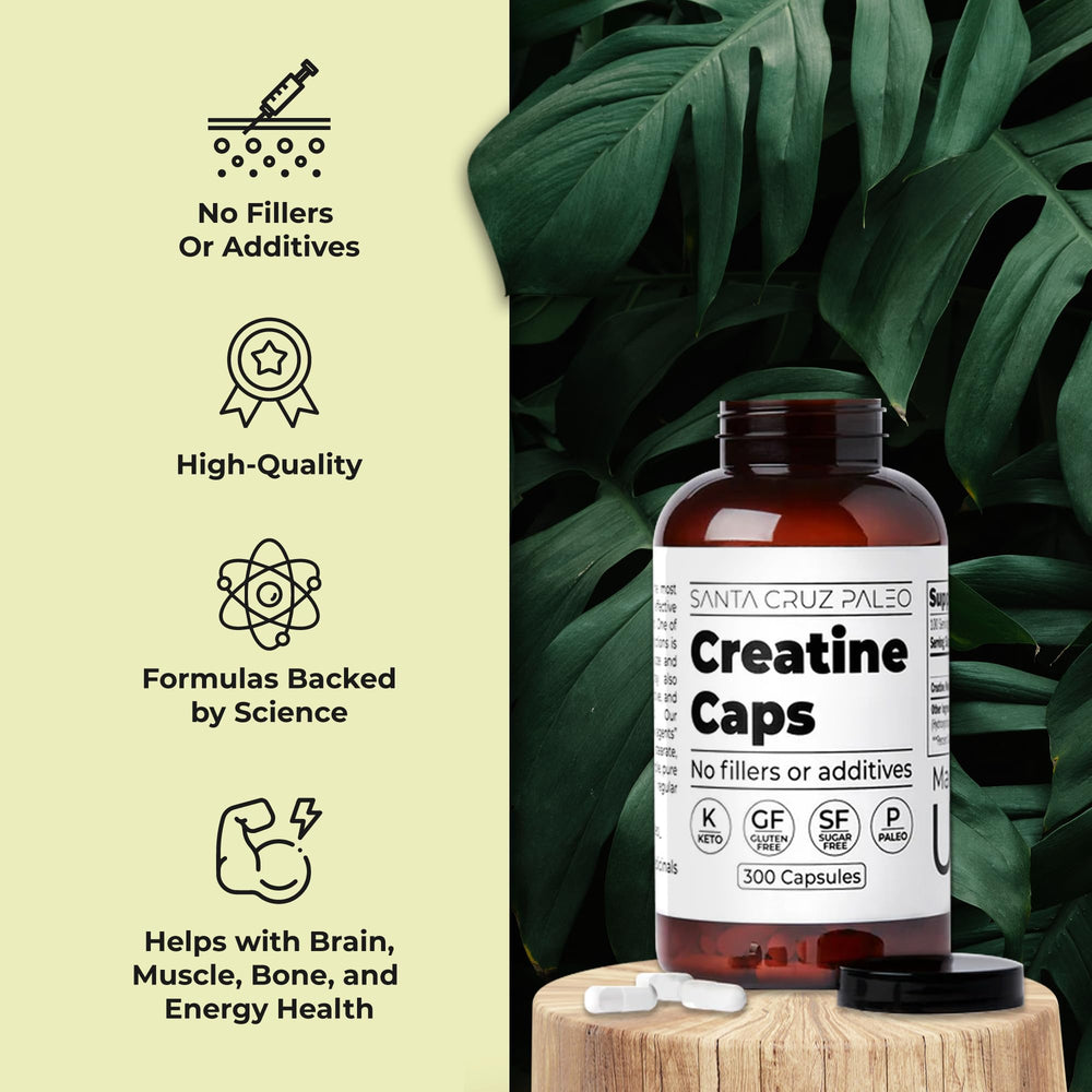 Back of Santa Cruz Paleo Creatine Capsules bottle with nutrition facts