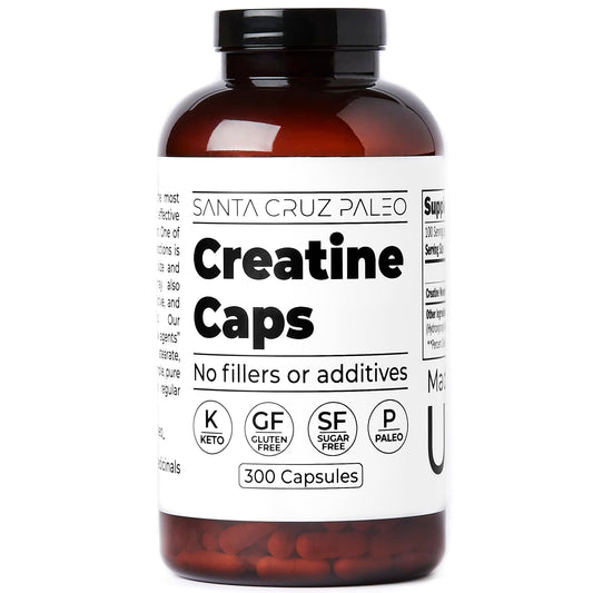 Santa Cruz Paleo Creatine Capsules bottle front showing energy support for workouts