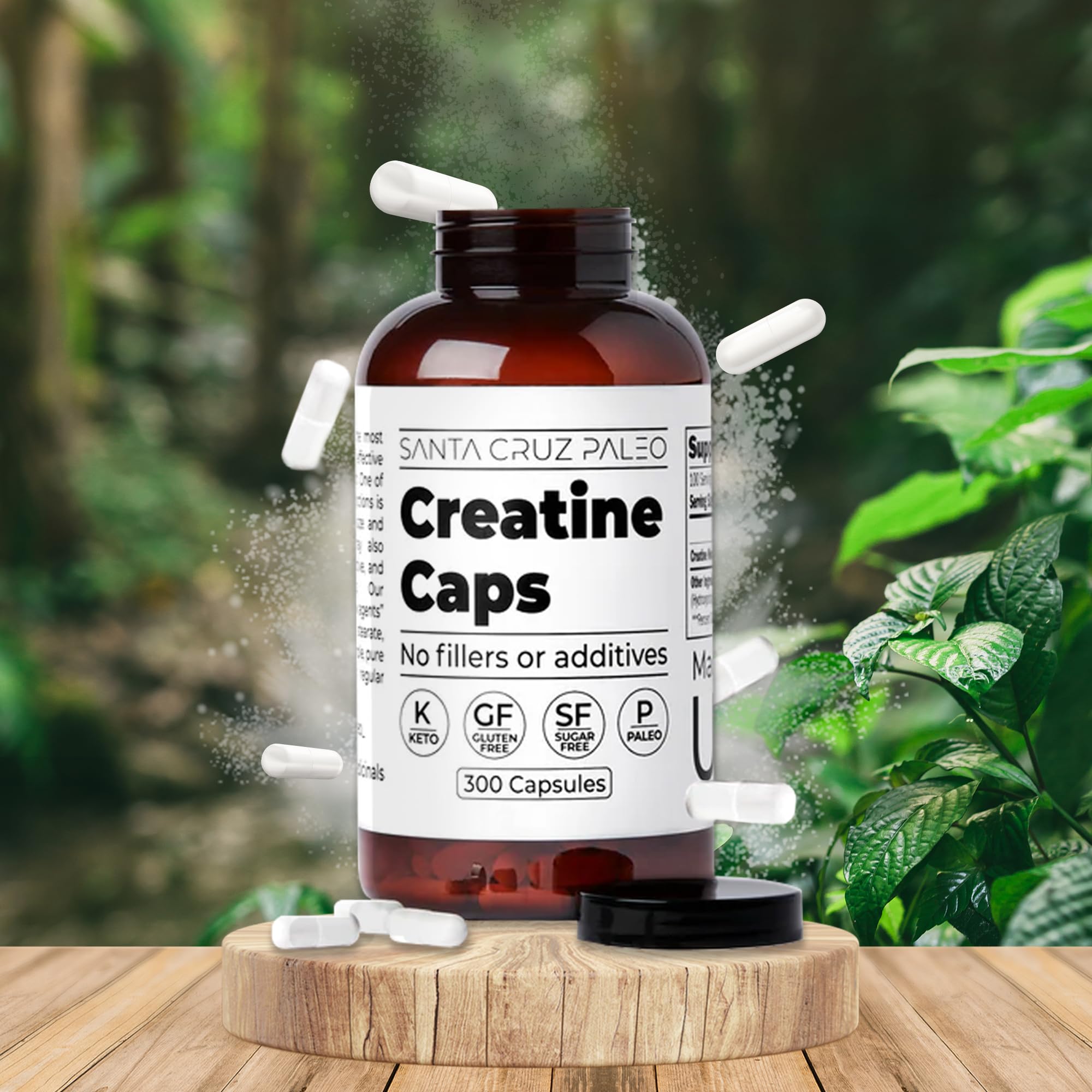 Paleo-friendly, sugar-free details on Santa Cruz Paleo Creatine Capsules packaging