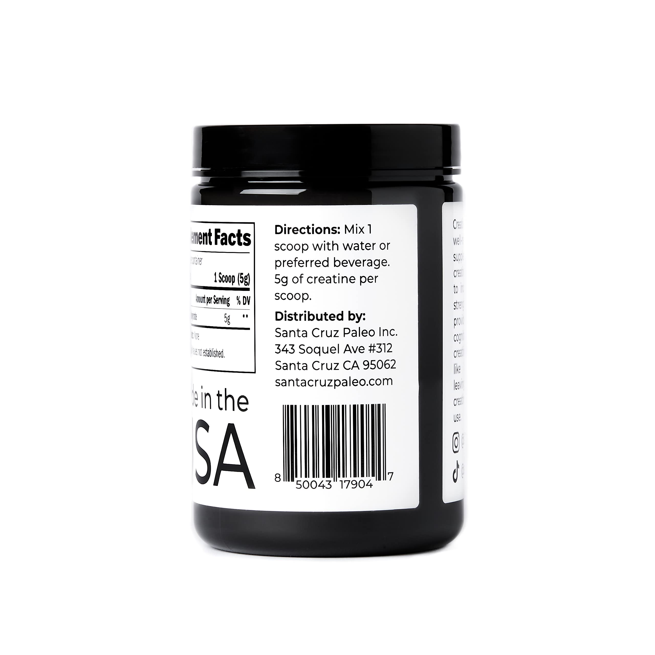 Santa Cruz Paleo creatine monohydrate label with gluten-free and keto-friendly notes.