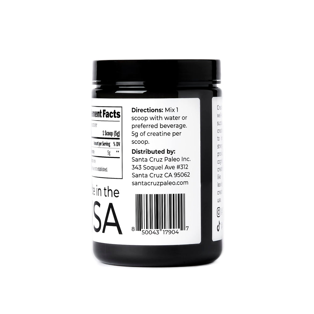 Santa Cruz Paleo creatine monohydrate label with gluten-free and keto-friendly notes.