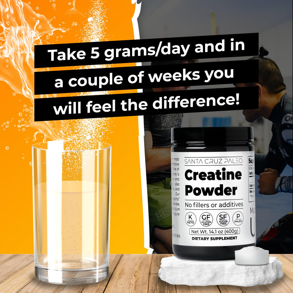 Santa Cruz Paleo creatine monohydrate powder dissolving in water for smooth mixing.