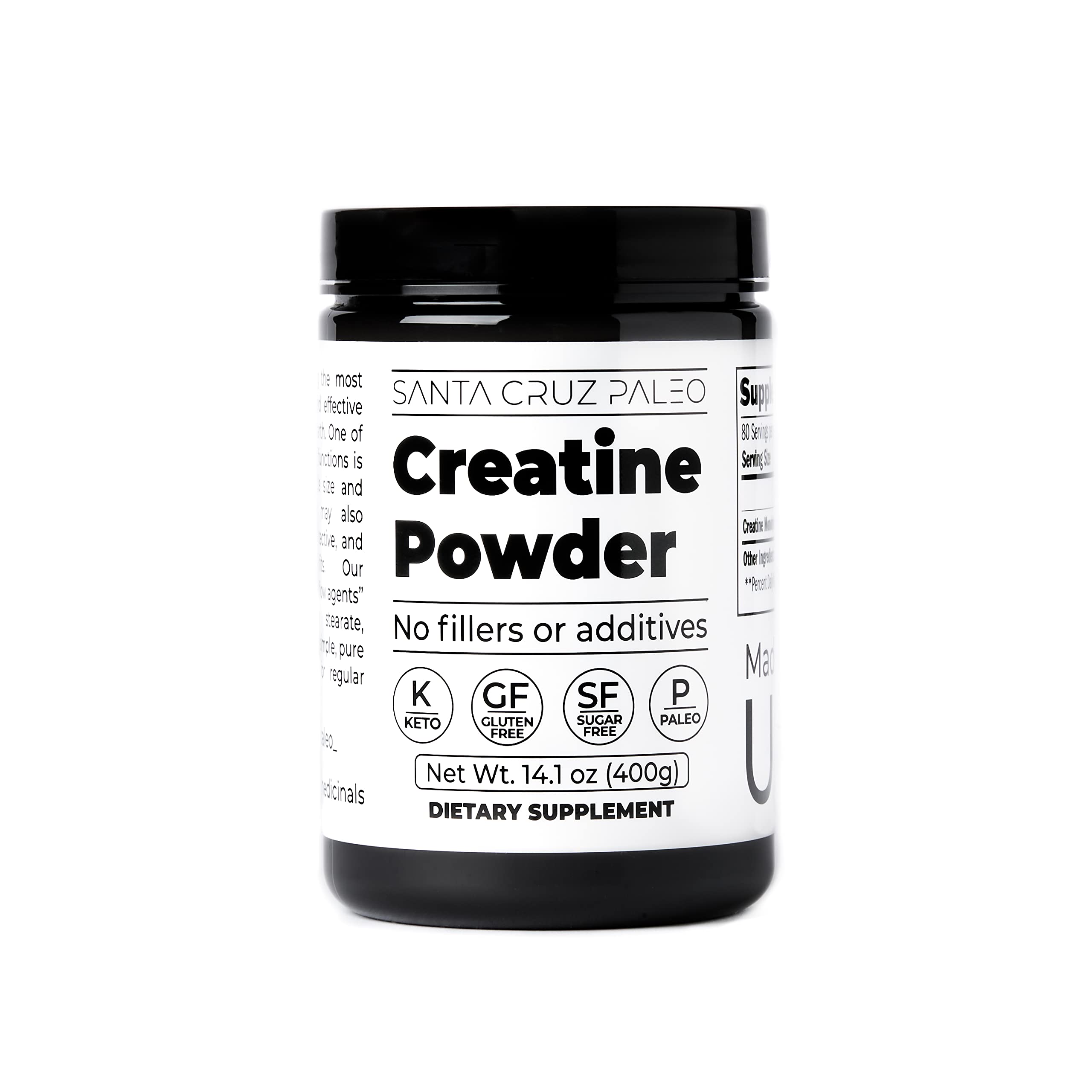 Santa Cruz Paleo creatine monohydrate powder jar front for daily workouts.