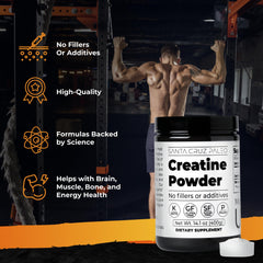 Santa Cruz Paleo creatine monohydrate label close-up highlights clean ingredients for daily use.