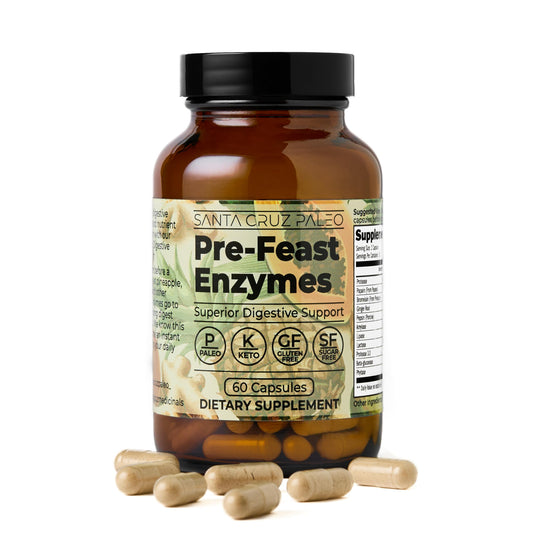 Santa Cruz Paleo digestive enzymes bottle showing a full-spectrum blend for meal comfort