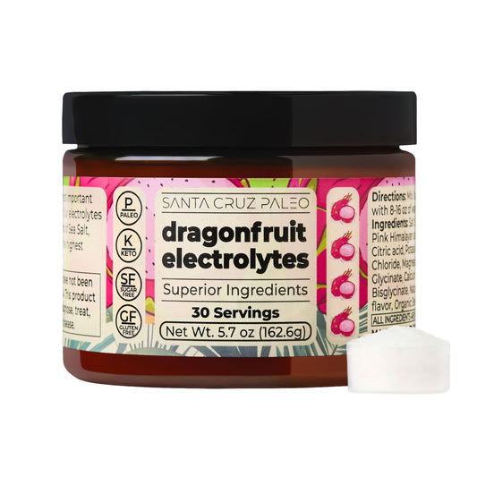 Santa Cruz Paleo Electrolyte Dragon Fruit powder bottle ready for workouts and daily hydration.