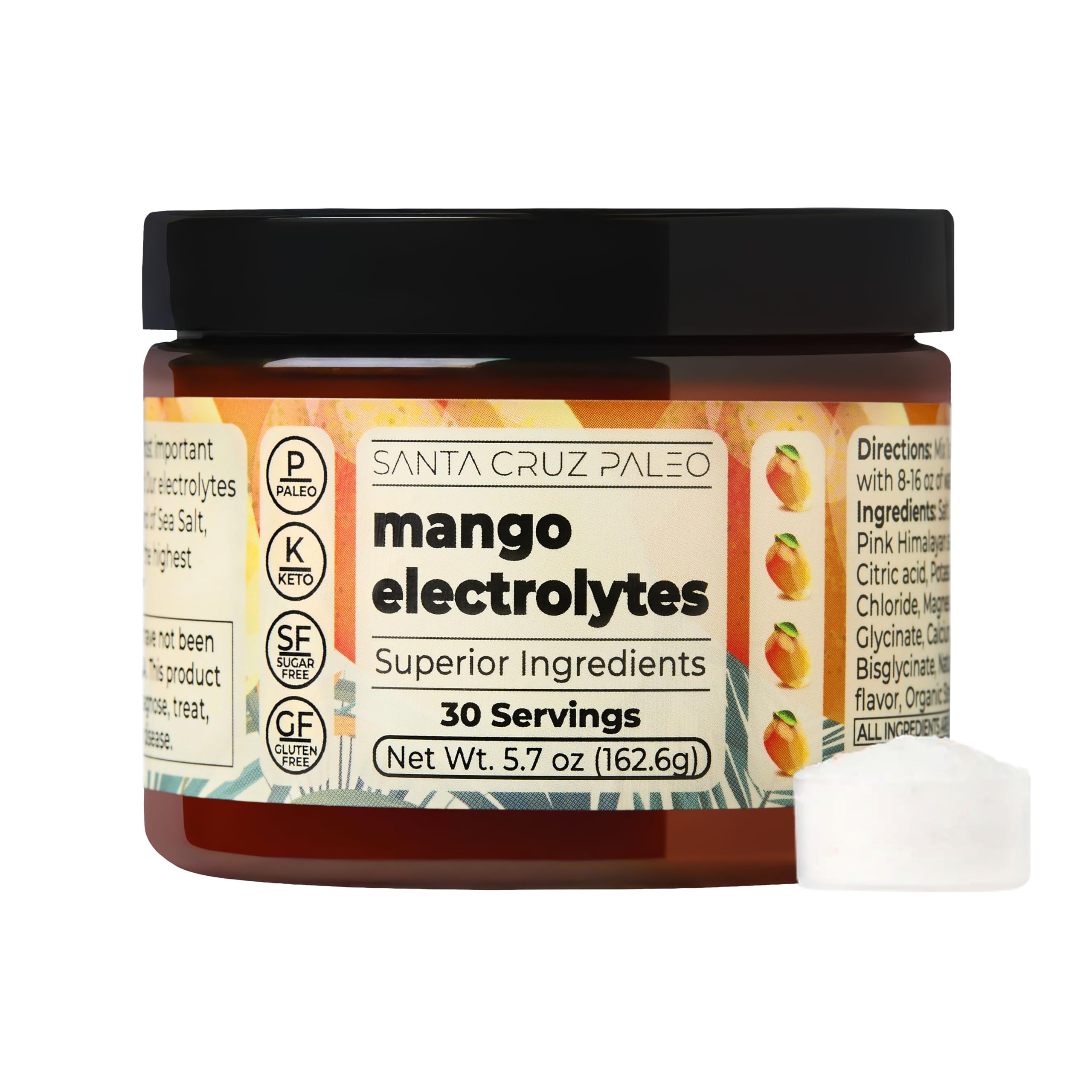 Santa Cruz Paleo Electrolyte Mango bottle pouring for refreshing hydration.