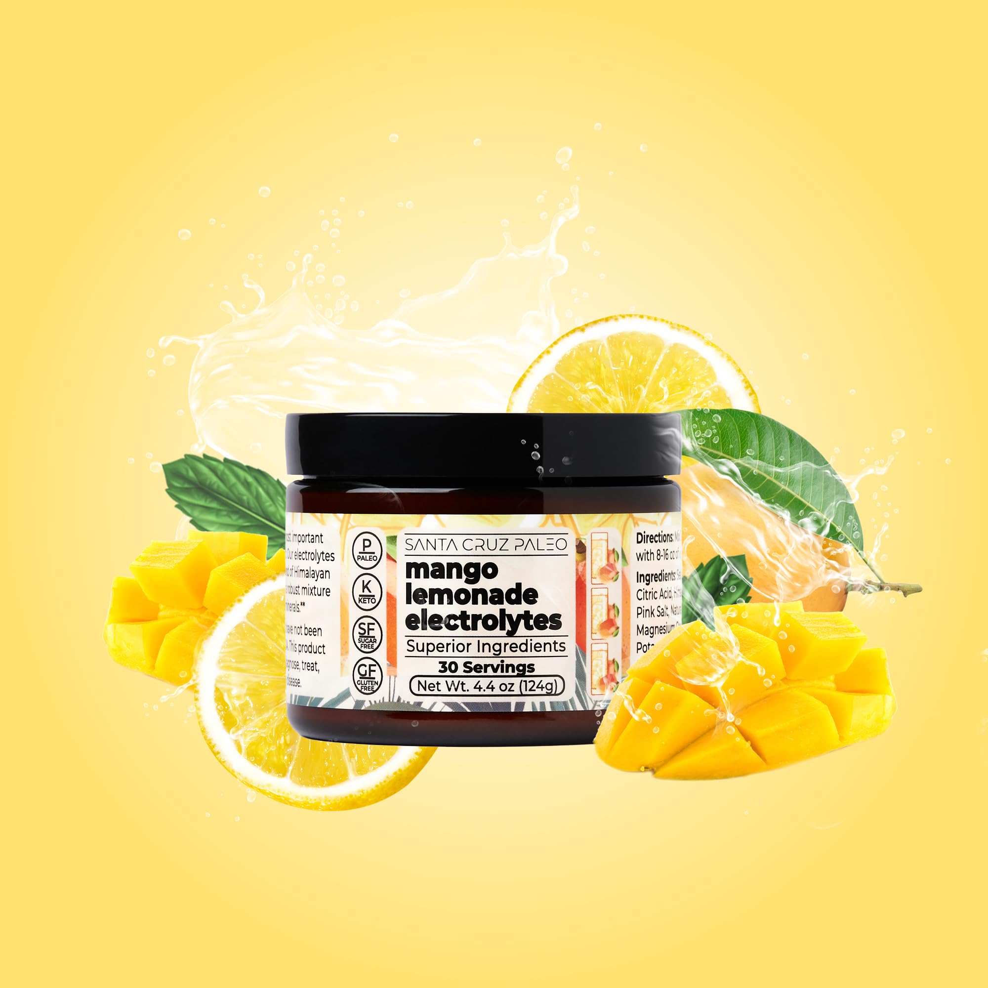 Santa Cruz Paleo Mango Lemonade electrolyte scoop for quick, sugar-free hydration.