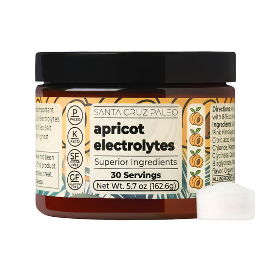 Santa Cruz Paleo Electrolyte Powder apricot bottle for on-the-go hydration