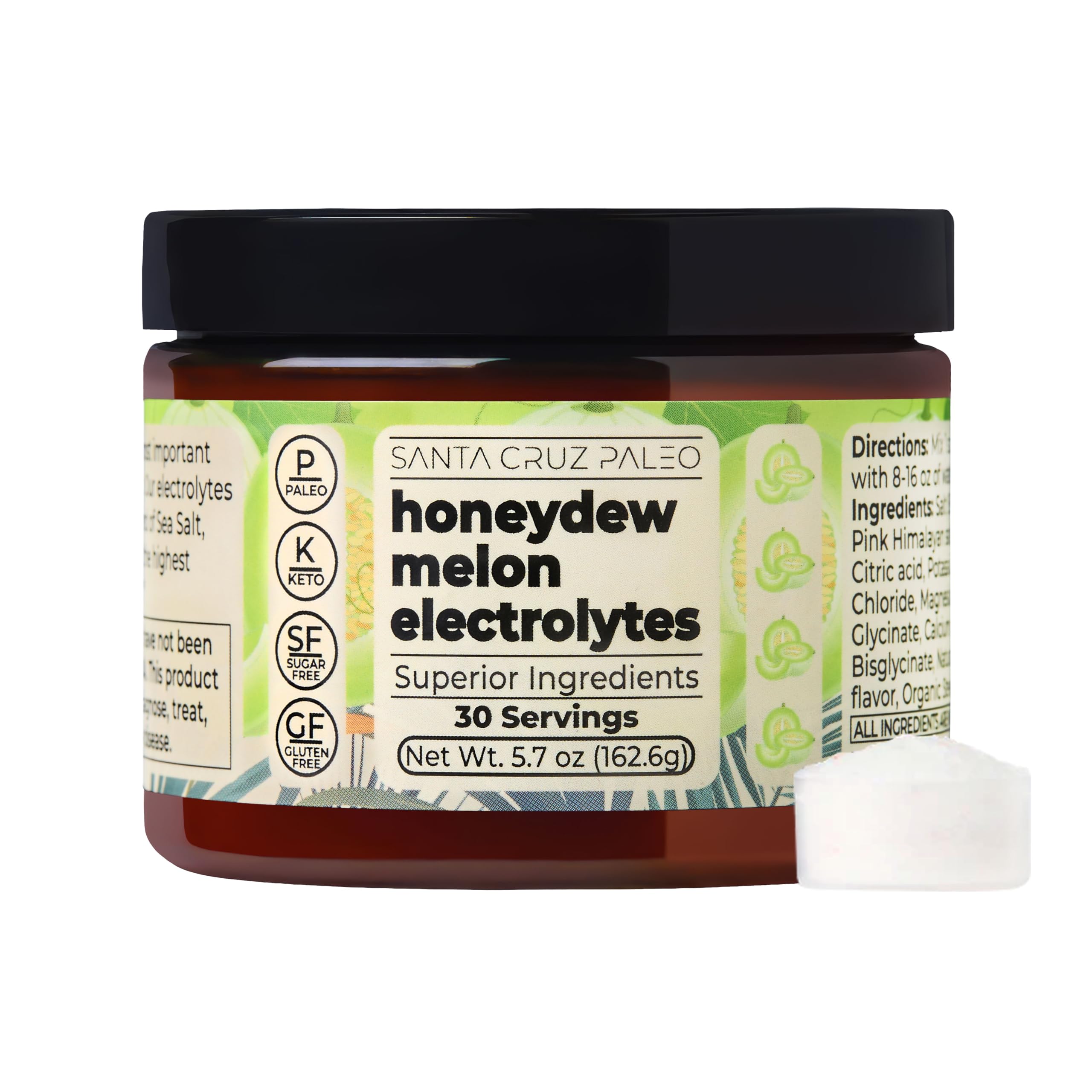 Santa Cruz Paleo Electrolyte Powder Honeydew Melon bottle front for refreshing on-the-go hydration