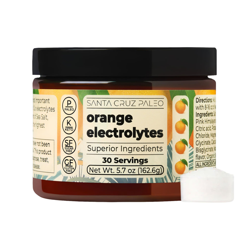 Santa Cruz Paleo Electrolyte Powder orange tub for sugar-free hydration.