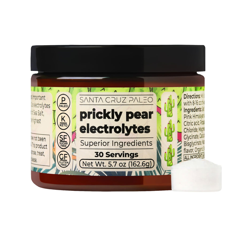 Santa Cruz Paleo Electrolyte Prickly Pear bottle pour supports on-the-go hydration.