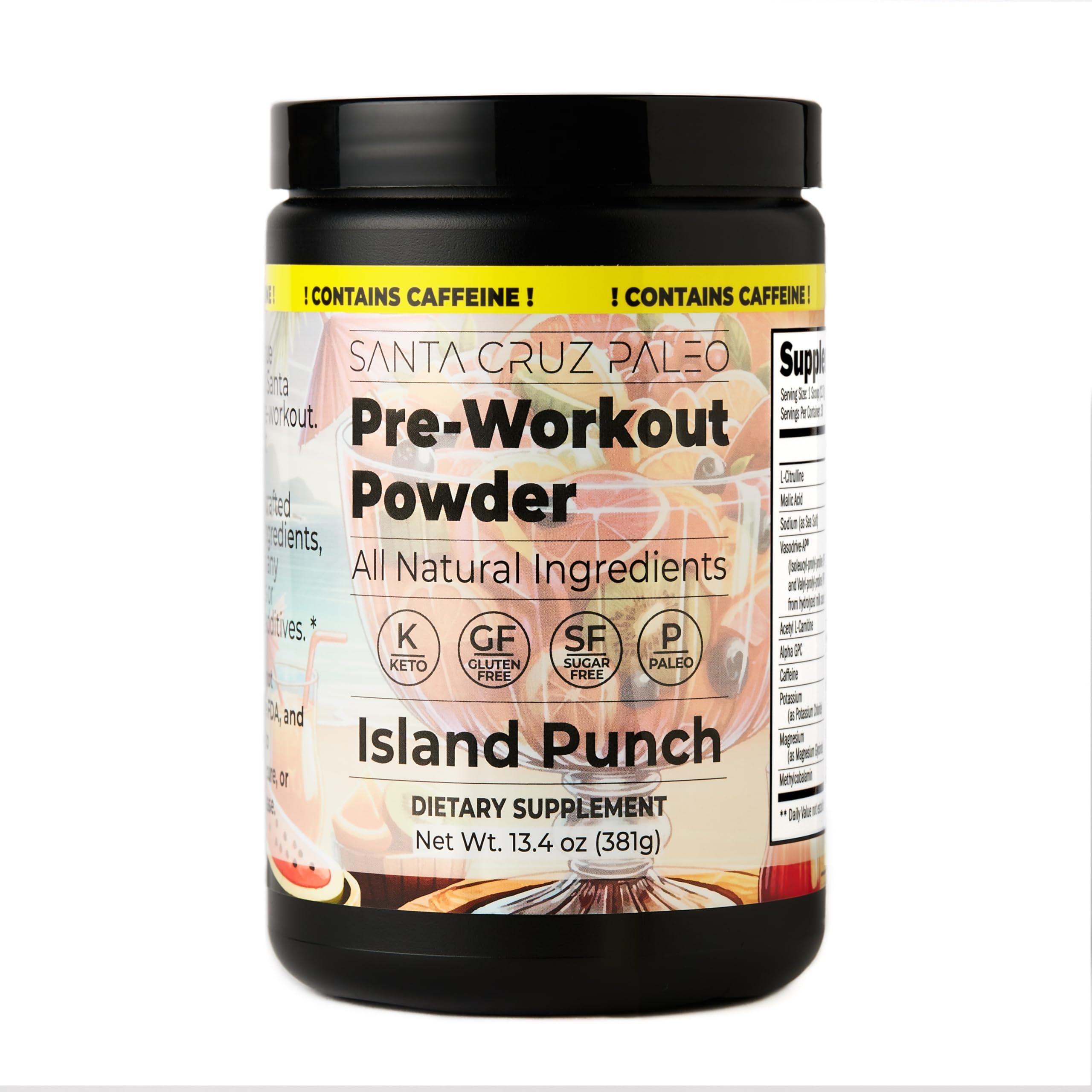 Santa Cruz Paleo Island Punch pre workout tub front suggesting clean, sugar-free energy for workouts.