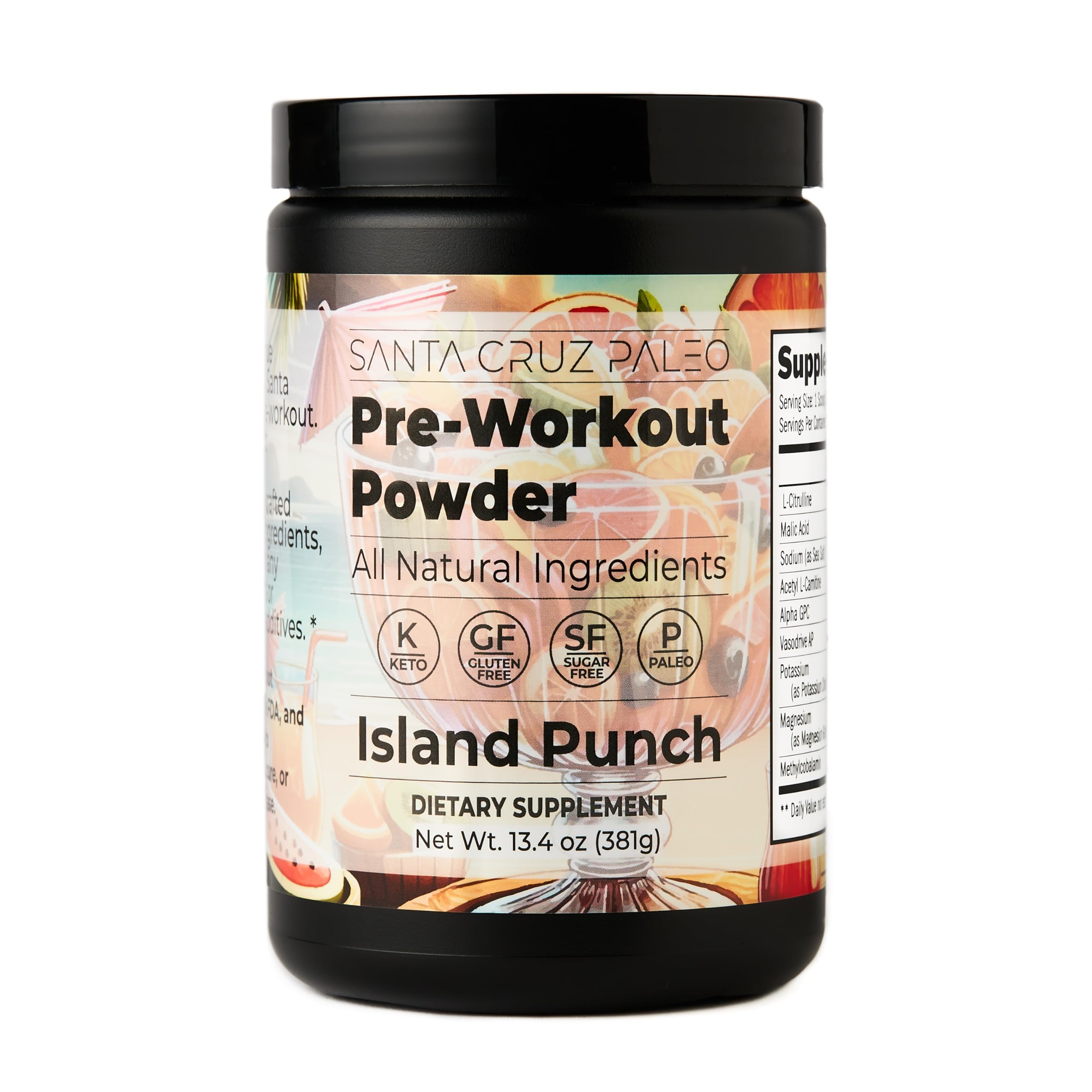 Santa Cruz Paleo Island Punch powder tub for clean pre-workout hydration.