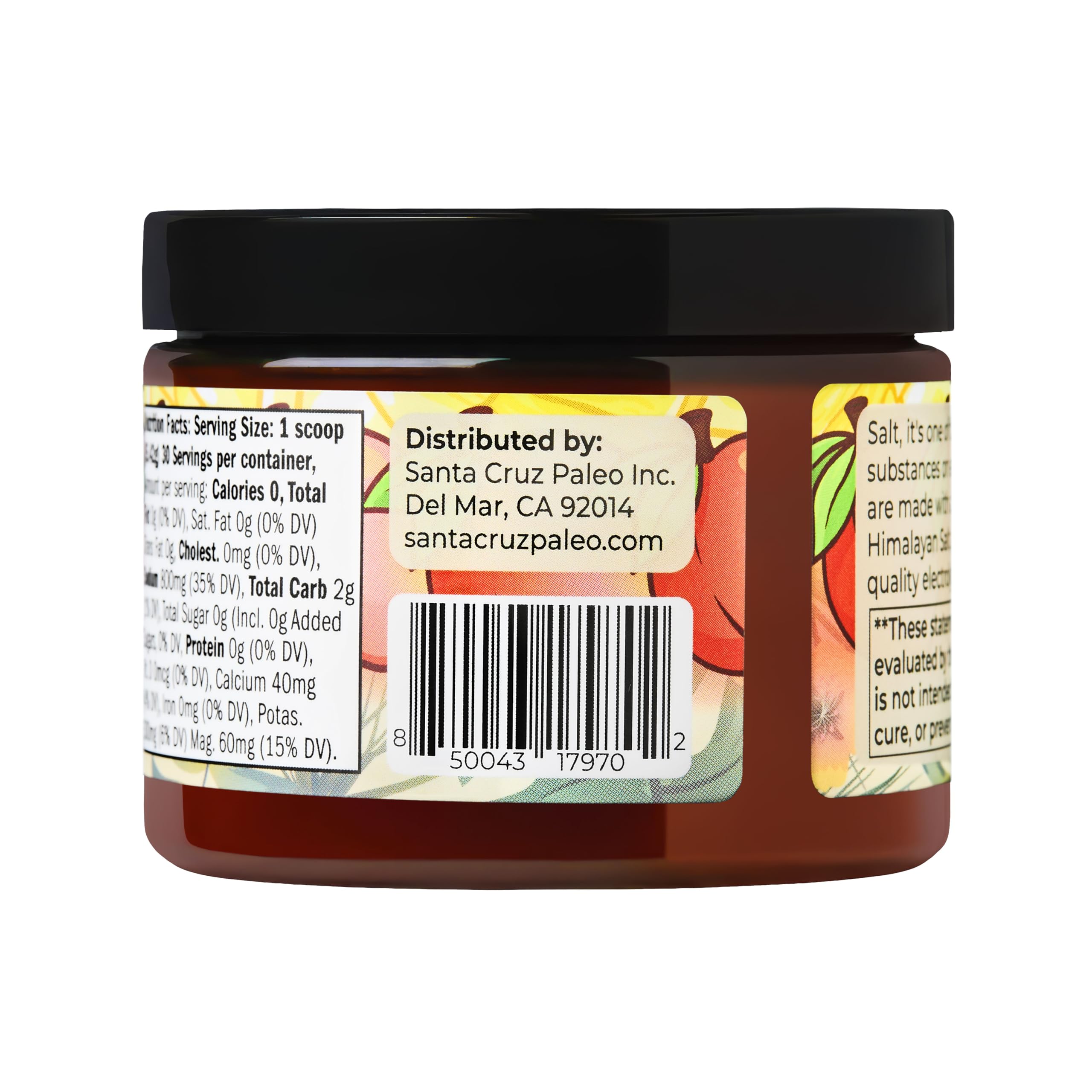 Santa Cruz Paleo label shows no sugar or artificial sweeteners, clean hydration option.